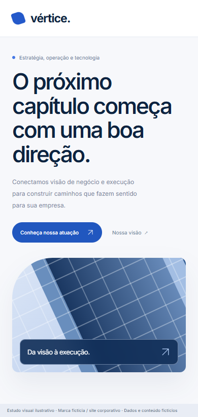 Versão mobile do mesmo estudo de site corporativo.